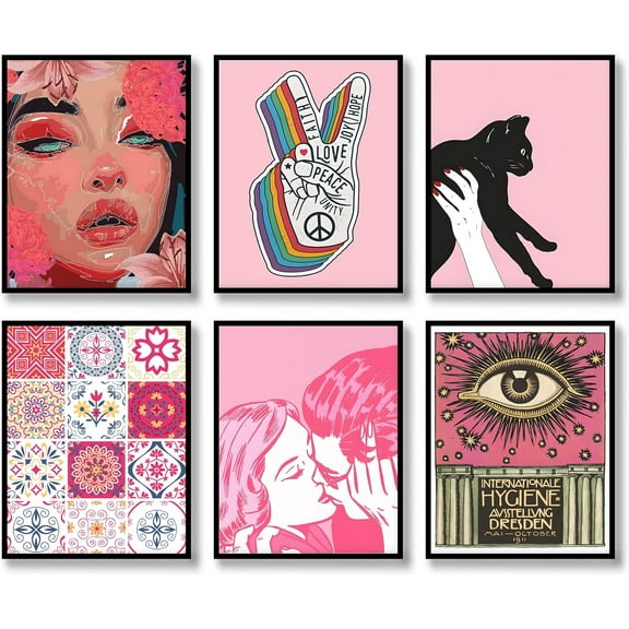 Retro Wall Art Prints Set of 6 Aesthetic Gallery Pink Preppy Canvas Posters Trendy Maximalist Eclectic Canvas Funky Retro Coquette Wall Decor for Living Room Bedroom Corridor (B, 11"x14" UNFRAMED)