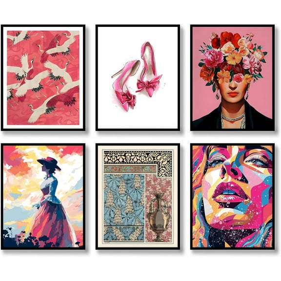 Retro Wall Art Prints Set of 6 Aesthetic Gallery Pink Preppy Canvas Posters Trendy Maximalist Eclectic Canvas Funky Retro Coquette Wall Decor for Living Room Bedroom Corridor (E, 8"x10" UNFRAMED)