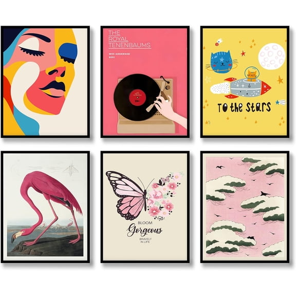Retro Wall Art Prints Set of 6 Aesthetic Gallery Pink Preppy Canvas Posters Trendy Maximalist Eclectic Canvas Funky Retro Coquette Wall Decor for Living Room Bedroom Corridor (C, 11"x14" UNFRAMED)
