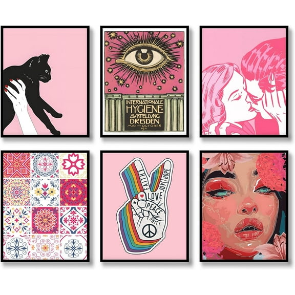 Retro Wall Art Prints Set of 6 Aesthetic Gallery Pink Preppy Posters Trendy Maximalist Eclectic Canvas Funky Retro Coquette Wall Decor for Living Room Bedroom Corridor (B, 8"x10" UNFRAMED)