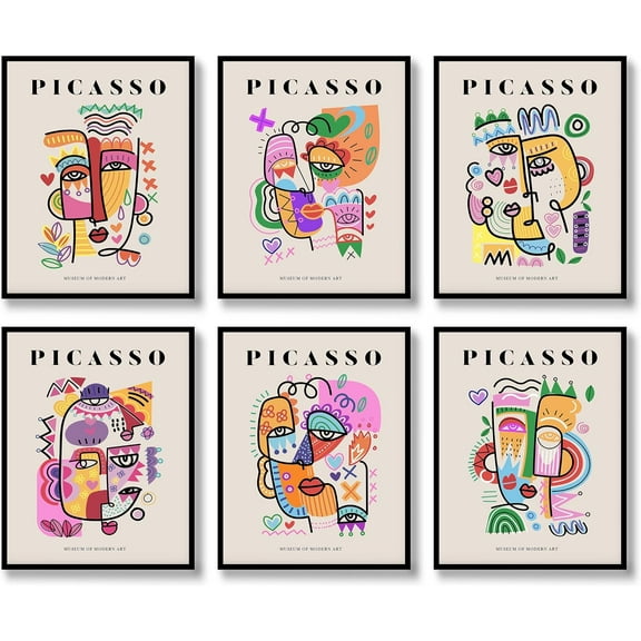 Retro Wall Art Prints Set of 6 Picasso Exhibition Illustration Neutral Beige Abstract Vintage Canvas Posters Famous Artist Minimalist Gift Idea Print Gallery Wall Home Decor 8x10inch UNFRAMED