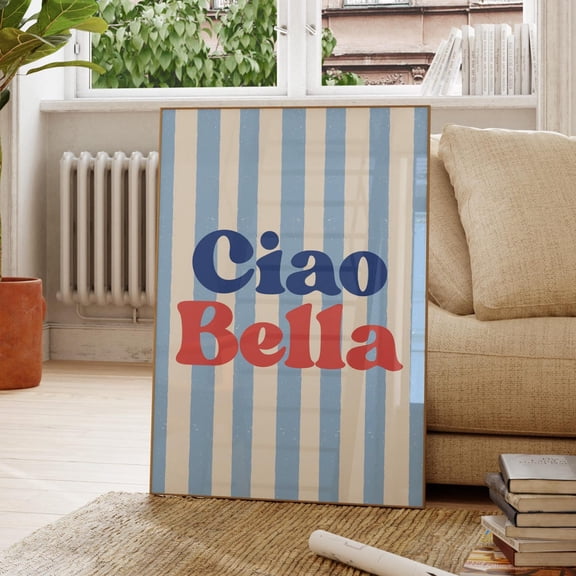 Retro Wall Art Striped Living Room Poster Mid Century Modern Vintage Art Red And Blue Ciao Bella Poster Retro Kitchen Italian Quote Home Decor, 24x36 UNFRAMED