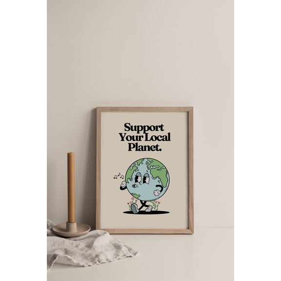 Retro Wall Art, Support Your Local Planet Poster, Vintage Groovy Earth Print, Retro Cartoon Character Wall Art, Retro Colors,, Stretched Canvas Size 12x18 F03.1.14l1165