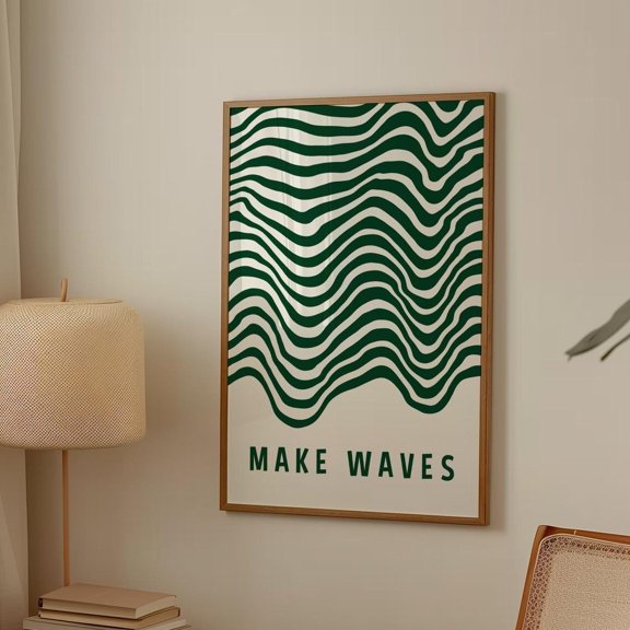 Retro Wall Art, Waves Minimalist Print, Mid-Century Hallway Wall Decor, Dark Green Print, Handpainted, Modern Room Art Wall Art, Modern Wall Decor, 8x12 UNFRAMED