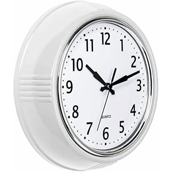 Retro Wall Clock 9.5 Inch White Kitchen 50's Vintage Design Round Silent Non-Ticking Quality Quartz Clock for Home Office Nursery Bathroom Classroom Easy to Read (White)