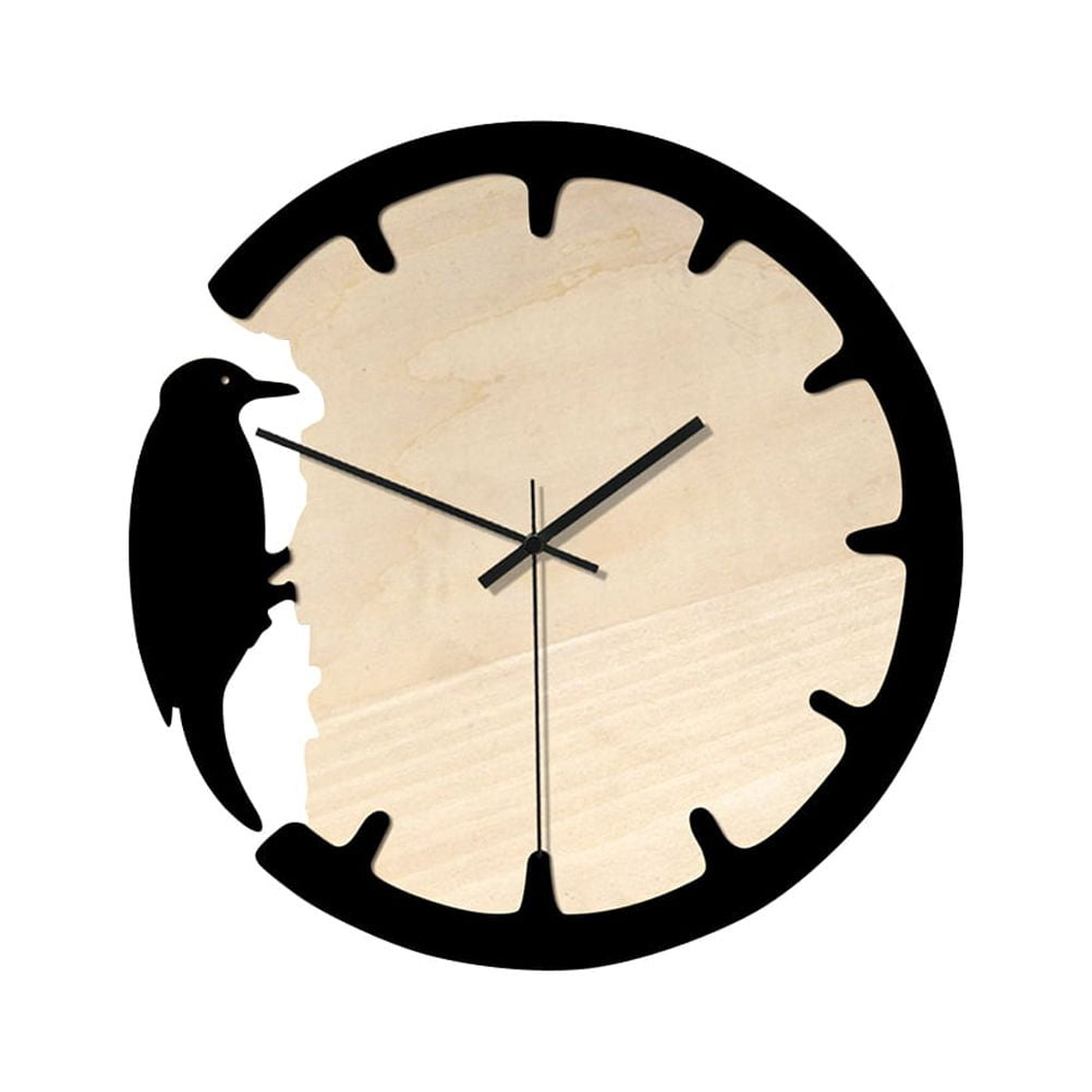 Retro Wall Clock Home Wooden Clock Round Shape Woodpecker Decorative