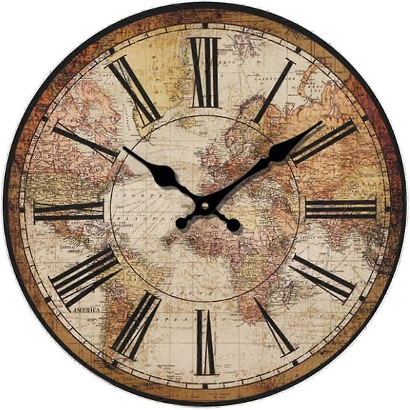 Retro Wall Clock, Vintage World Compass Map Travel Lover Inch Silent Wooden Wall Art Decor Analog Battery Operated Non-Ticking Bedroom Living Room Kit