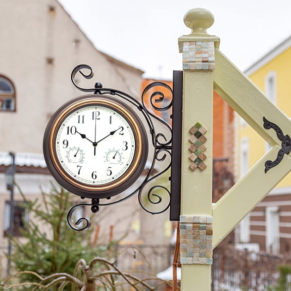 12 Inch Outdoor Clock with Thermometer and Hygrometer Combo, Waterproof Indoor Outdoor Wall Clocks for Patio, Pool,Garden Decor- Retro Bronze
