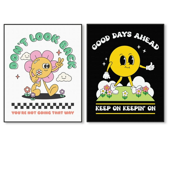 Retro Wall Decor, Groovy Face Posters, Aesthetic Room Decor, Inspirational Canvas Wall Decor, Positive Quote, Happy Face UNFRAMED Canvas Prints Set of 2-11"x14