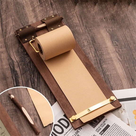 Retro Wall Mounted Wood Clipboard Hanging Sticky Note Board with Tearable Paper Roll Brown Rustic Clipboard Notepad Wall Notepad Kitchen Office Cafe Decor 11.81x4.65in