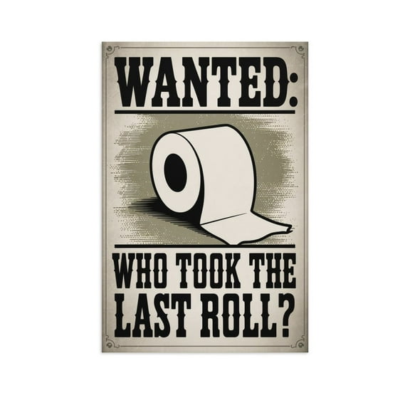 Retro Wanted Poster with Empty Toilet Paper Roll for Fun Bathroom Wall Art And Toilet Decor Canvas Poster