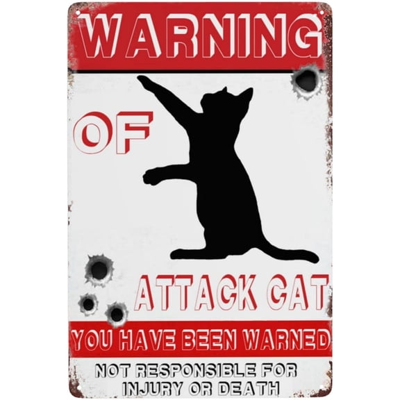 Retro Warning Animal Sign Beware Of Attack Cat Tin Sign - Vintage Metal Signs Home Wall Decor-12x8inch