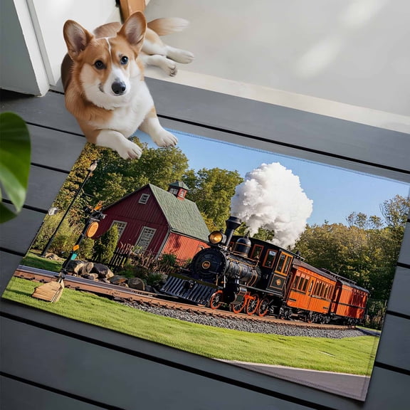 Retro Washable Area Rug 2x3 Train Motor Vehicle Building Sky Grass Country Scenery Low-Profile Area Rugs with Non Slip Backing Indoor Floor Carpet for Entrance Living Room Bedroom Home Office