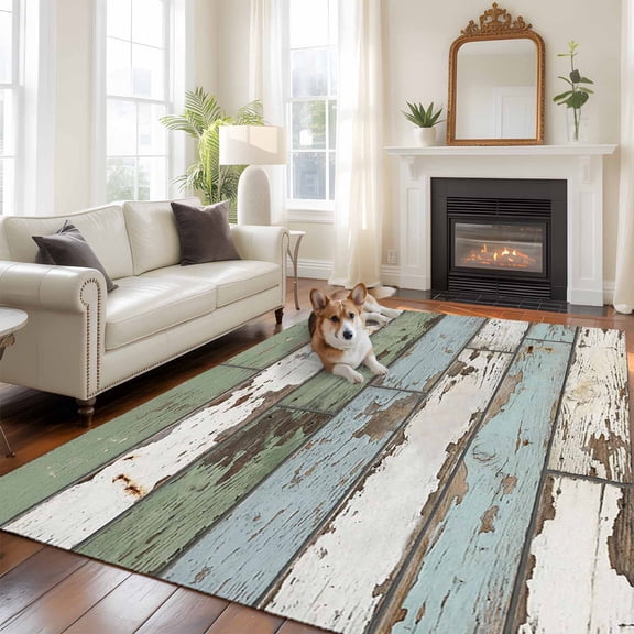Retro Washable Area Rug 5x8 Farmhouse Rustic Cottagecore Nature Wood Grain Low-Profile Large Area Rugs with Non Slip Backing Indoor Floor Carpet for Entrance Living Room Bedroom Home Office