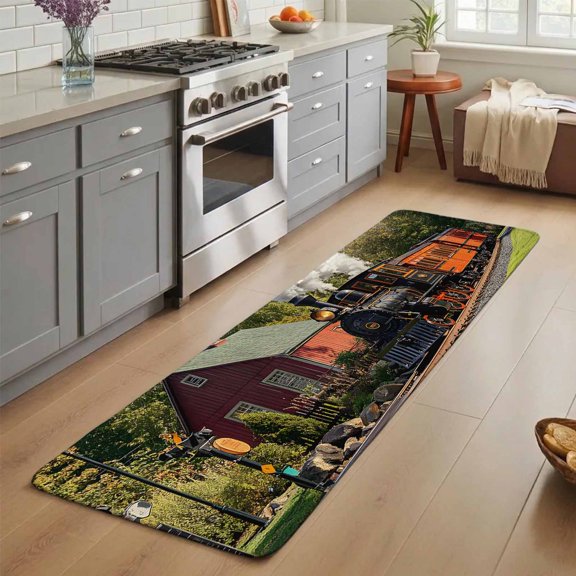 Retro Washable Runner Rug 3X7 ft Train Motor Vehicle Building Sky Grass Country Scenery Non-Slip Hallway Runner Rug, Linen Kitchen Runner Mats, Indoor Floor Carpet for Entryway Bathroom Bedroom