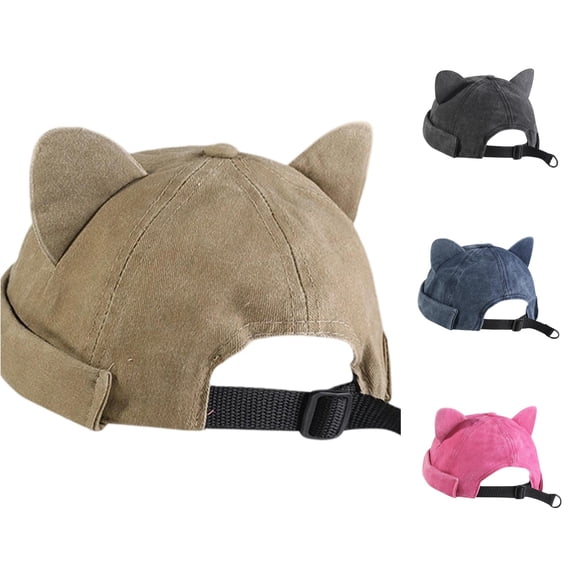 Retro Washed Cotton Cat‑Ears Brimless Hat Funny Unique Casual Party Daily Wear Street Fashion Beret Cap