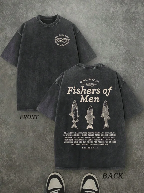 Retro Washed T-Shirt Double Sided Printed (230 Pure Cotton T-Shirt) 'Fishers Of Men' Letter And Fish Pattern Print, Men's T-Shirt, Men's Casual, Comfortable, Fashionable T-Shirt, Street Style Cotton