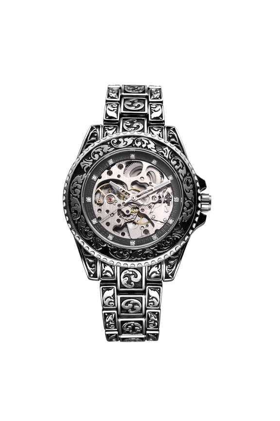 Retro Watch Men Carved SelfWind Mechanical Skeleton Automatic Wristwatch Floral