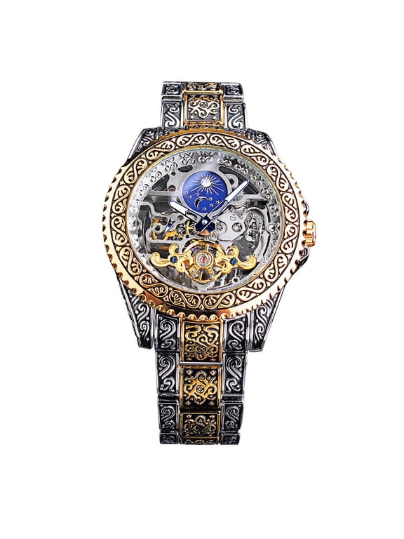 Retro Watch for Men Carved Self-Wind Mechanical Tattoo Tourbillon Moon Phase Independent Seconds Skeleton Automatic Big Dial Wrist Watches