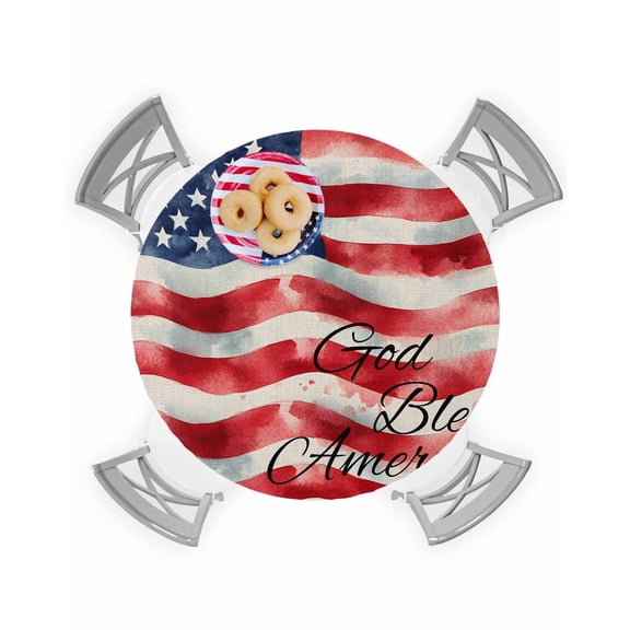 Retro Watercolor American Flag on Linen Fitted Round Tablecloths Elastic Edged Table Covers 36"-44",Independence Day Theme Waterproof Dining Room Table Cloth for Kitchen Holiday Party Tables Decor