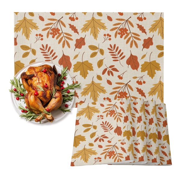 Retro Watercolor Autumn Leaves Maple Leaf Placemats Set of 6,Wipeable Washable Table Mats for Dining Tables, Fall Plant Place Mats for Kitchen Event Party Tabletop Decor