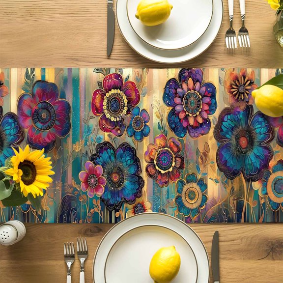 Retro Watercolor Ethnic Flower Table Runner-72 Inch Long Blue Purple Floral Table Runners Linen Burlap Tablerunner for Kitchen Dining Room Holiday Party