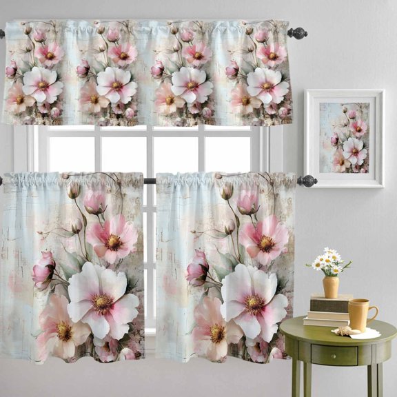 Retro Watercolor Pink Flower Curtain Tier and Valance Set 3 Piece, Vintage Spring Wildflowers 3-inch Rod Pocket Window Tier Curtains Valance for Kitchen Living Room
