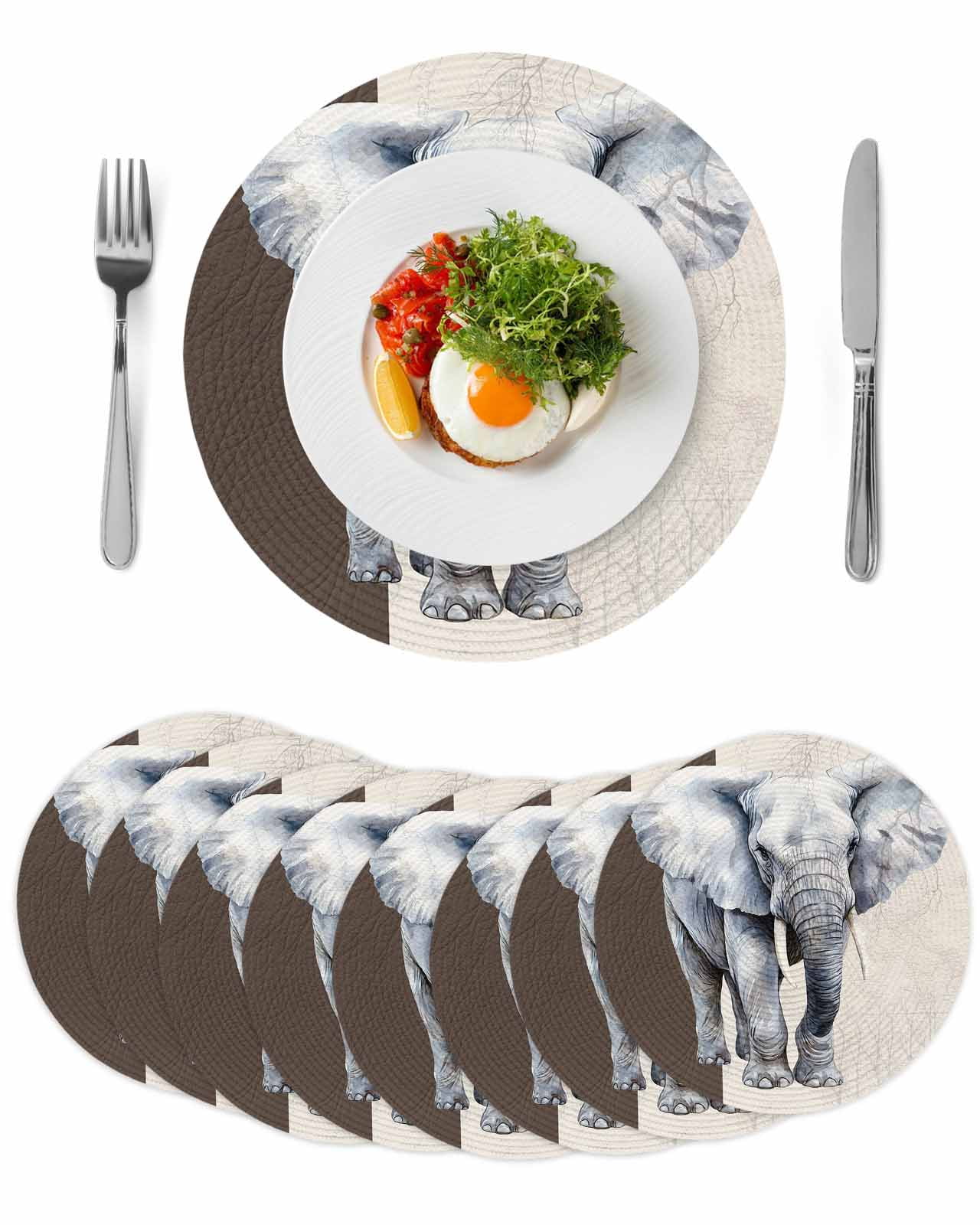 Retro Watercolor Round Table Placemats set of 8, Elephant Ivory Texture Washable Woven Place Mats for Dining Tables Kitchen Party Decor,Heat Proof, 15in, Gray Brown