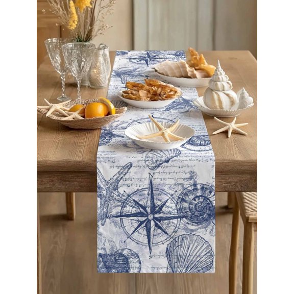 Retro Watercolor Starfish Compass Table Runner 13x70in Non-Slip Cotton Linen Table Runners, Nautical Theme Letter Back Dresser Scarves TableRunner for Dinner Kitchen Dining Wedding Party