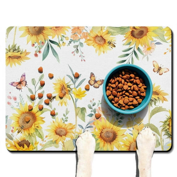 Retro Watercolor Sunflower Dog Mat - Washable Absorbent Pet Bowl Mat with Boho Sunny Pattern, Easy Clean
