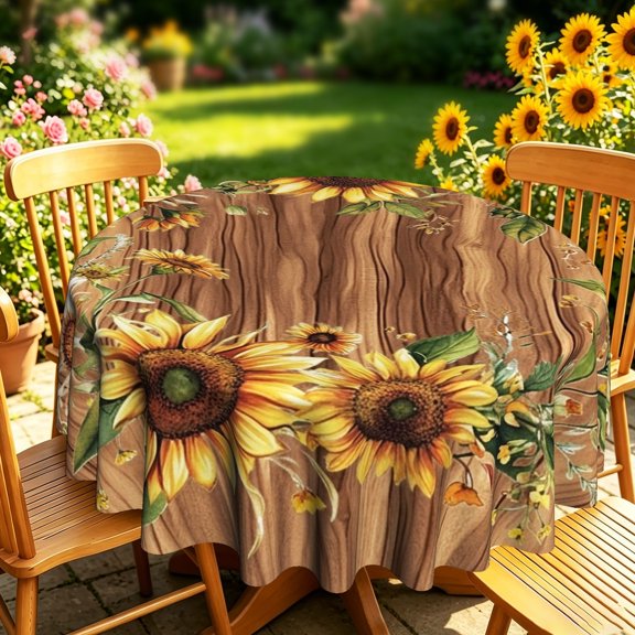 Retro Watercolor Sunflower Wood‑Grain Round Tablecloth,35/50/60/70 inch,Polyester,Kitchen Dining Backyard Patio Garden Decor
