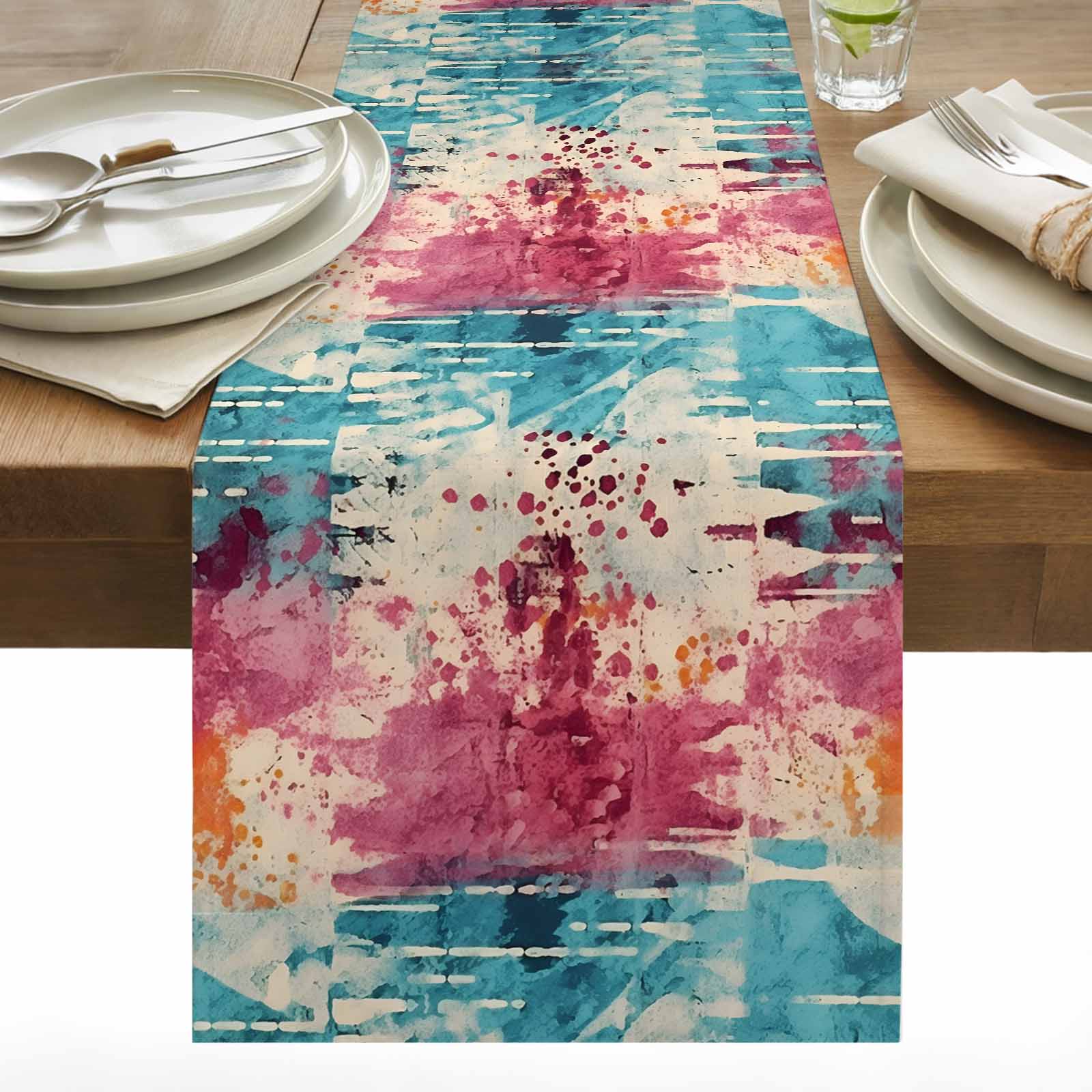 Retro Watercolor Table Runner 13x48 inch Splash Art Blue Pink Abstract ...