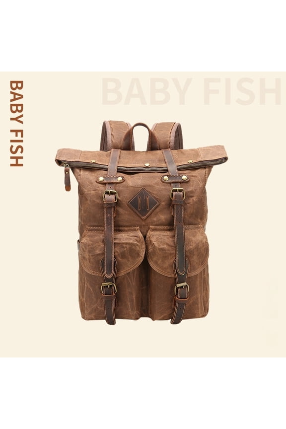 Retro Waterproof Crazy Horse Leather Canvas Large Capacity Backpack,Brown