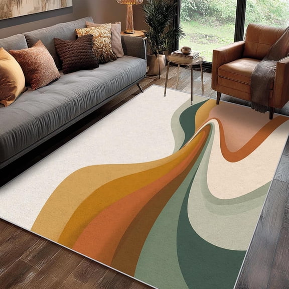 Retro Wave Area Rugs, Mid Century Modern Abstract Carpet, Boho Washable Non Slip Low Pile Soft Rug for Bedroom Living Room Decor Mat 2x3ft