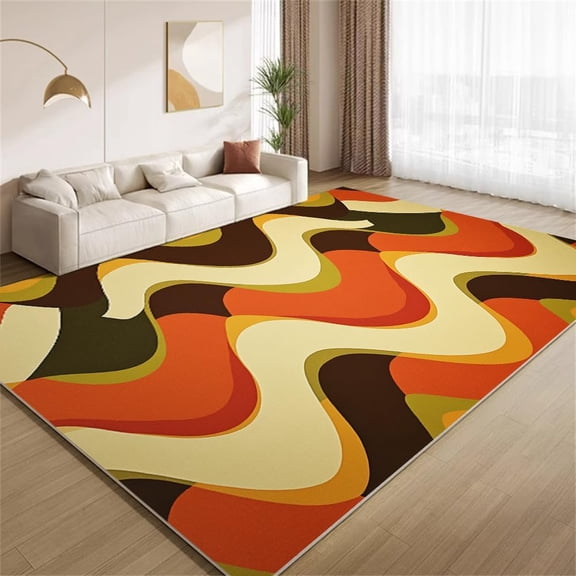 Retro Wave Area Rugs, Orange Brown 70s Pattern Carpet, Washable Non Slip Low Pile Soft Rug for Living Room Bedroom Decor Mat 3ftx5ft
