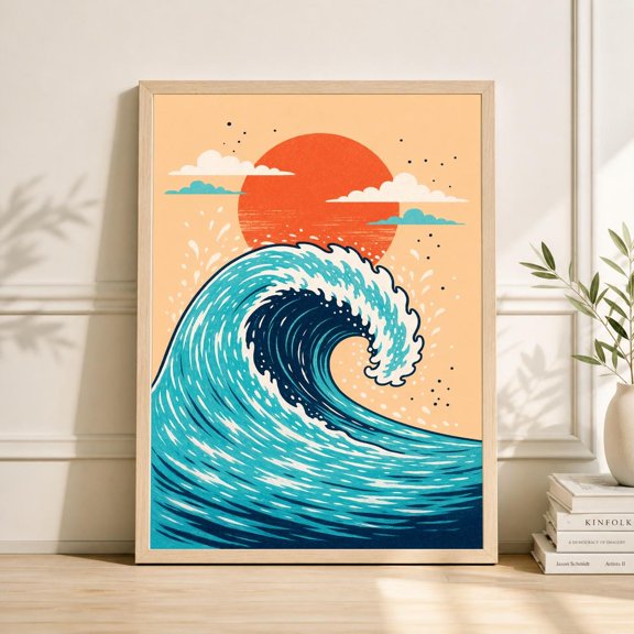 Retro Wave Art Print, Coastal Minimalist Poster, Turquoise Ocean Sun , Poster Print Only