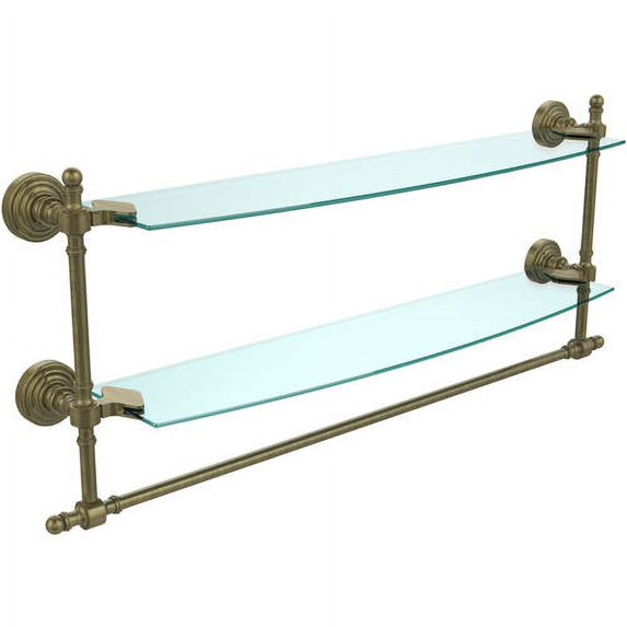 Retro Wave Collection Two Tiered Glass Shelf with Integrated Towel Bar - Antique Brass / 24 Inch
