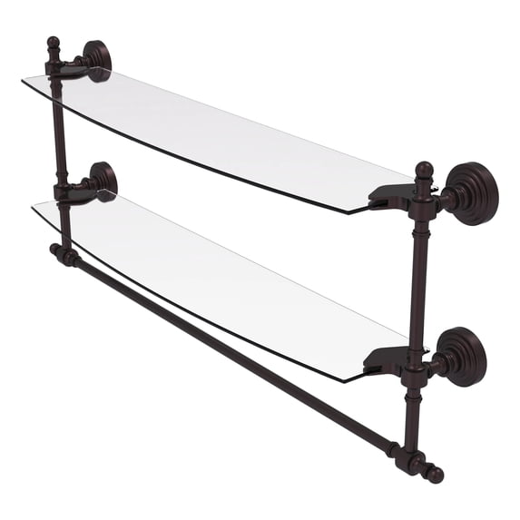 Retro Wave Collection Two Tiered Glass Shelf with Integrated Towel Bar - Antique Bronze / 24 Inch