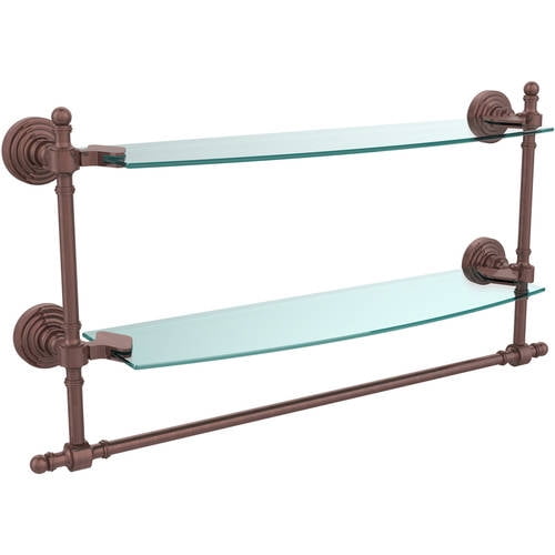 Retro Wave Collection Two Tiered Glass Shelf with Integrated Towel Bar - Antique Copper / 18 Inch