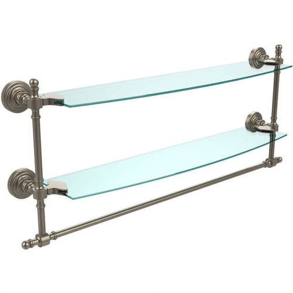Retro Wave Collection Two Tiered Glass Shelf with Integrated Towel Bar - Antique Pewter / 24 Inch