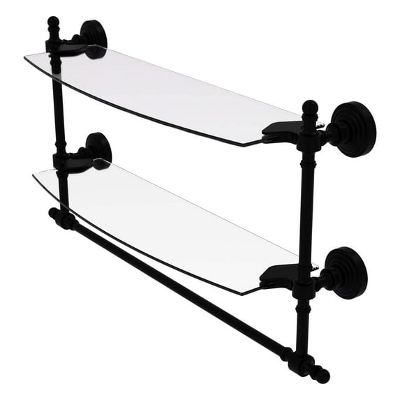 Retro Wave Collection Two Tiered Glass Shelf with Integrated Towel Bar - Matte Black / 18 Inch