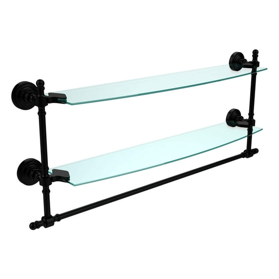 Retro Wave Collection Two Tiered Glass Shelf with Integrated Towel Bar - Matte Black / 24 Inch