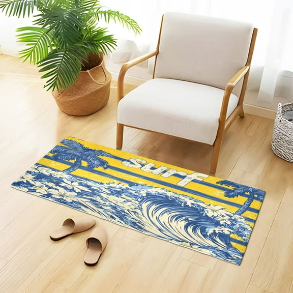 Retro Wave Stripes Trees Flowers Tropical Plush Carpet Non Slip Runner Rug Absorbent Bath Mat 39" x 20"