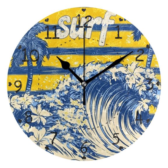 Retro Wave Stripes Trees Flowers Tropical Round Wall Clock Silent Analog Battery Operated Black Pointer Home Decor 9.84" Diameter