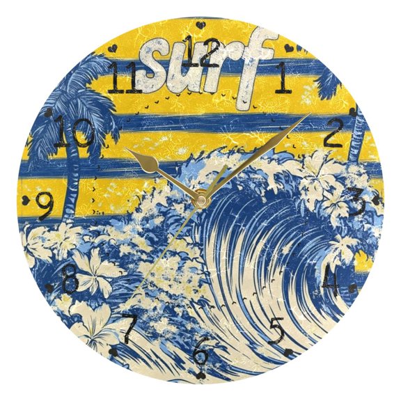 Retro Wave Stripes Trees Flowers Tropical Round Wall Clock Silent Analog Battery Operated Gold Pointer Home Decor 9.84" Diameter