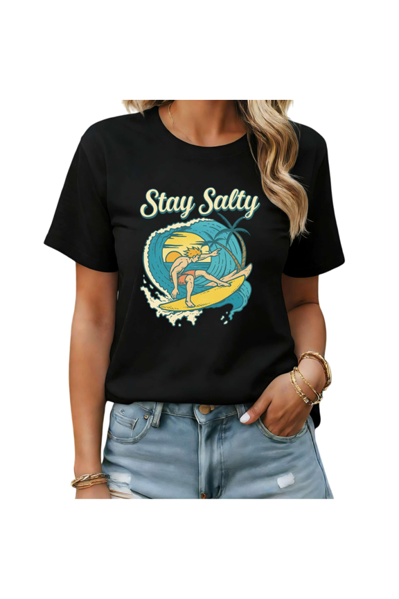 Retro Wave Surfer Stay Salty Graphic Tees Womens T-shirt White/Black S-5XL Shirts Daily Casual Tops