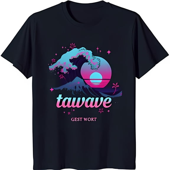Retro Wave and Mountain Graphic Black T-Shirt with Sunset and Stars
