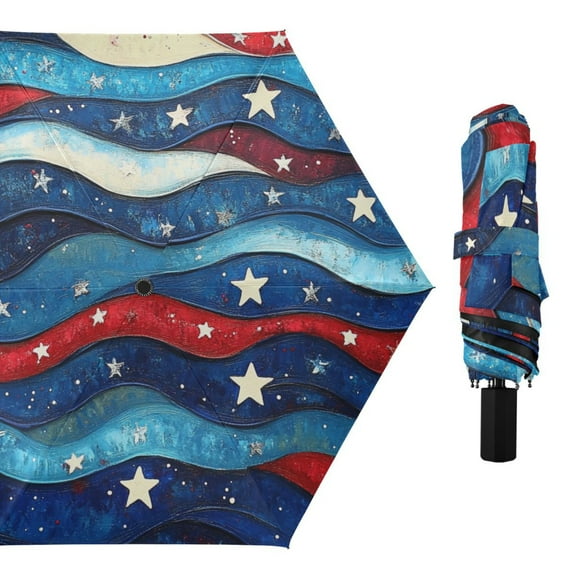 Retro Waves Stars Red White Blue All Weather Umbrella Triple Folding Parasol 6 Ribs UV Protection Portable