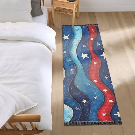 Retro Waves Stars Red White Blue Bedside Runner Rug 2'x 6' Non Slip Carpet Floor Mat Area Rug