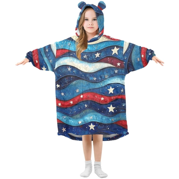 Retro Waves Stars Red White Blue Flannel Wearable Blankets Hooded Design Long Sleeves Wrap Unisex for 3T-14Y S